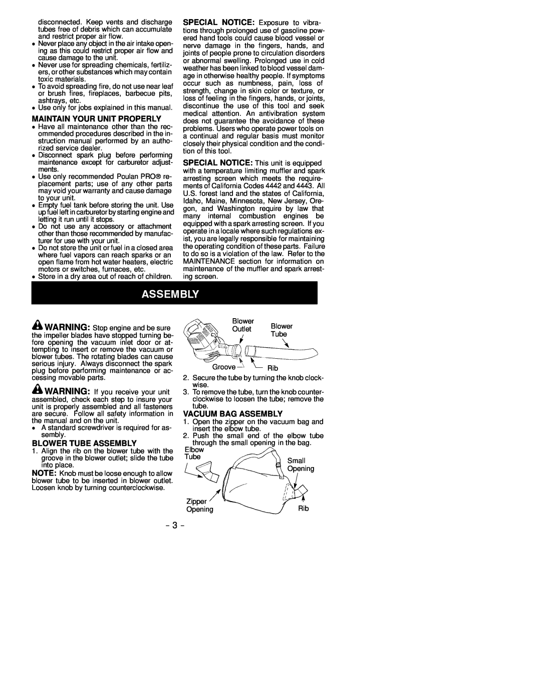 Poulan 530164283 instruction manual Maintain Your Unit Properly, Blower Tube Assembly, Vacuum Bag Assembly 