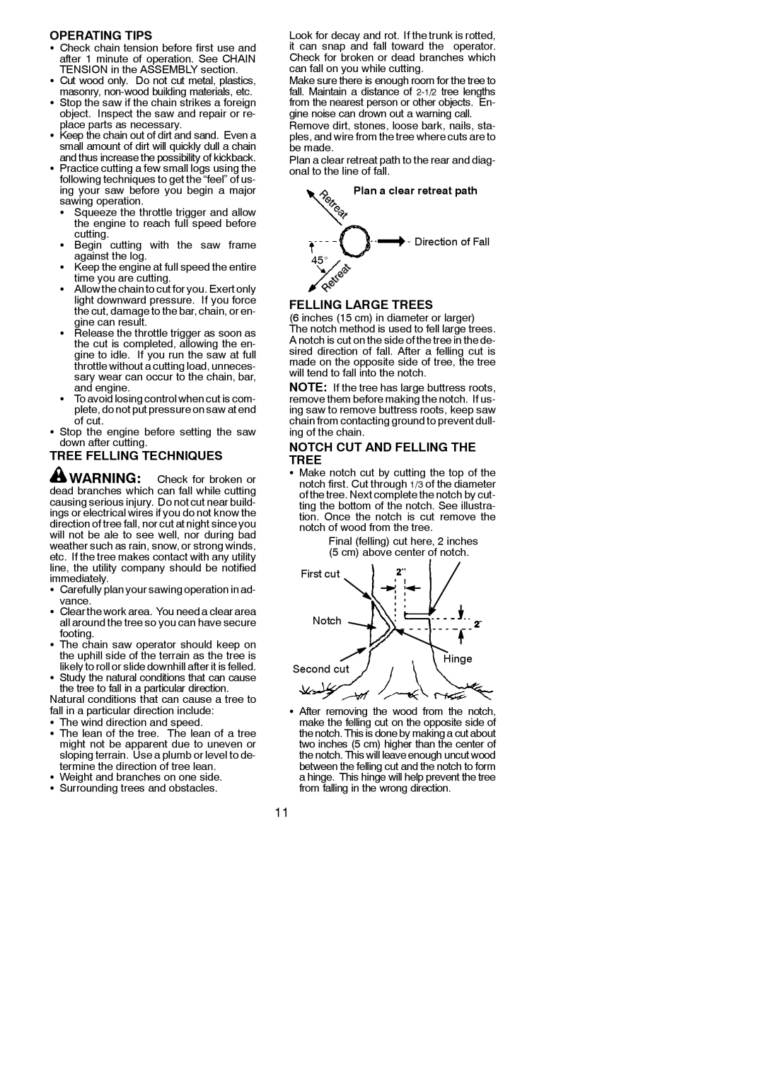 Poulan 530164293 Operating Tips, Tree Felling Techniques, Felling Large Trees, Notch CUT and Felling the Tree 