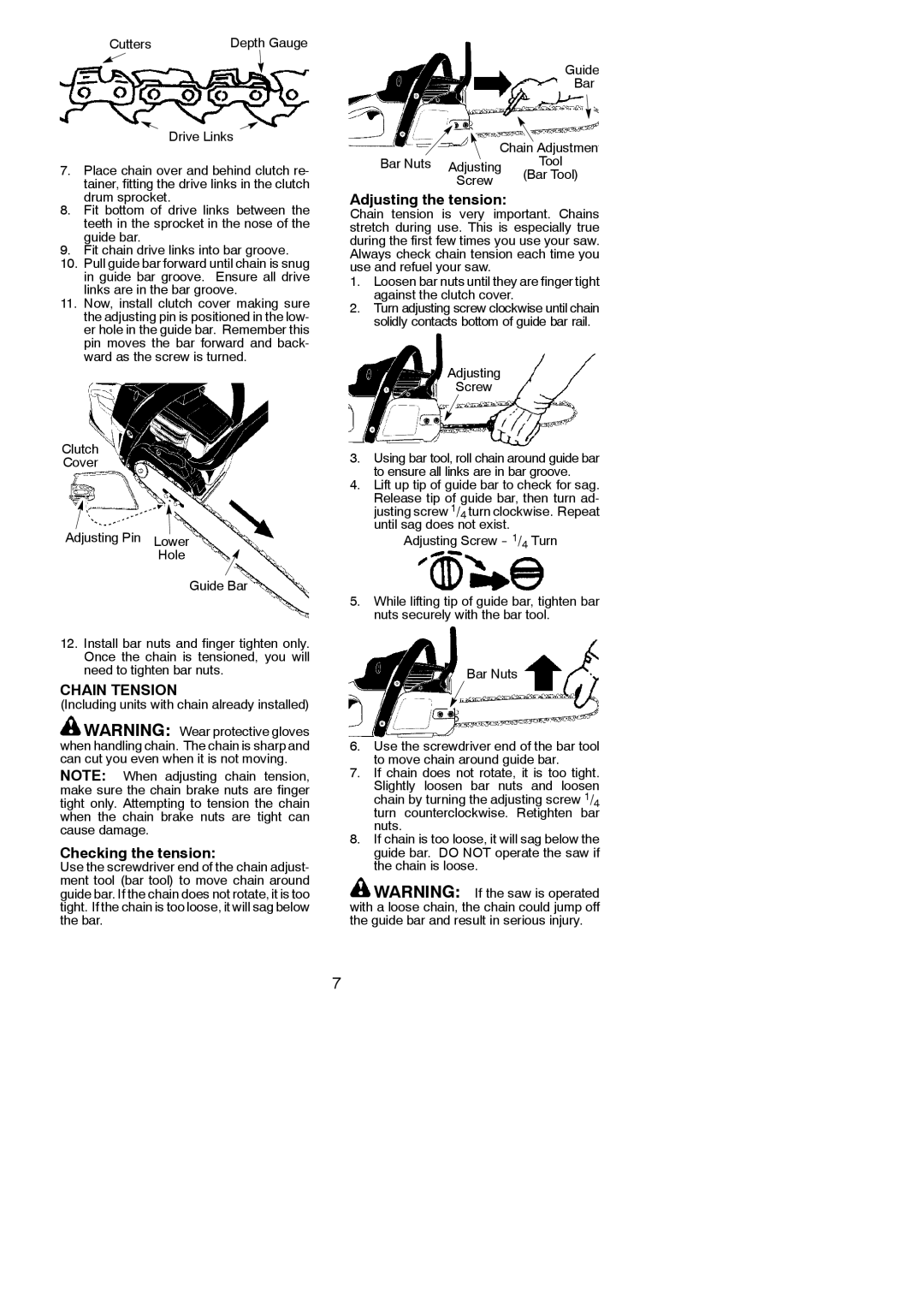 Poulan 530164293 instruction manual Chain Tension, Checking the tension, Adjusting the tension, Cutters, Adjusting Screw 