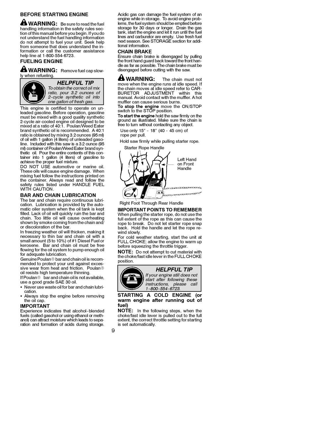 Poulan 530164293 Before Starting Engine Fueling Engine, BAR and Chain Lubrication, Important Points to Remember 