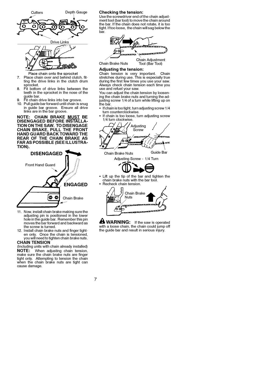 Poulan 350, 530164364 instruction manual Checking the tension, Chain Tension, Adjusting the tension 