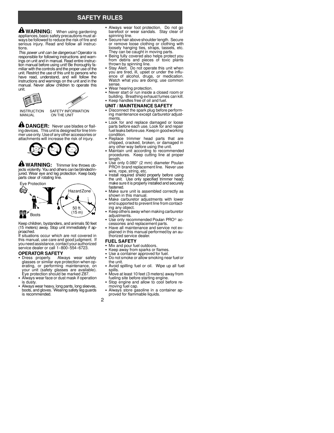 Poulan 530164435 instruction manual Operator Safety, Unit / Maintenance Safety, Fuel Safety 