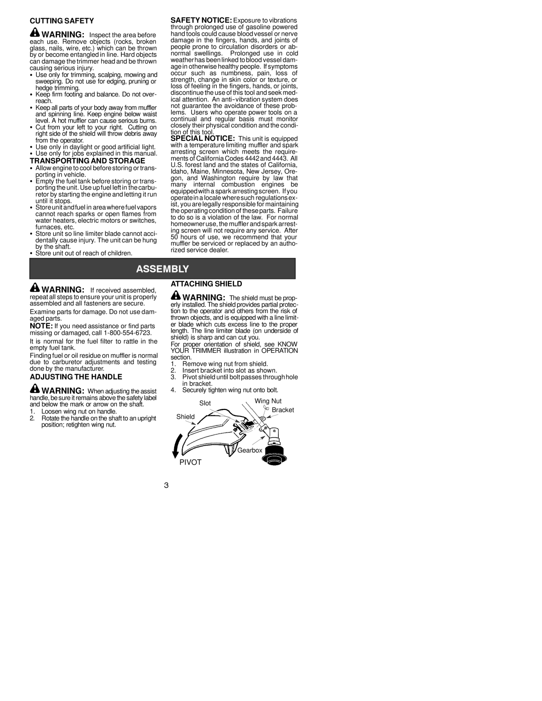 Poulan 530164435 Cutting Safety, Transporting and Storage, Adjusting the Handle, Attaching Shield, Tion of this tool 