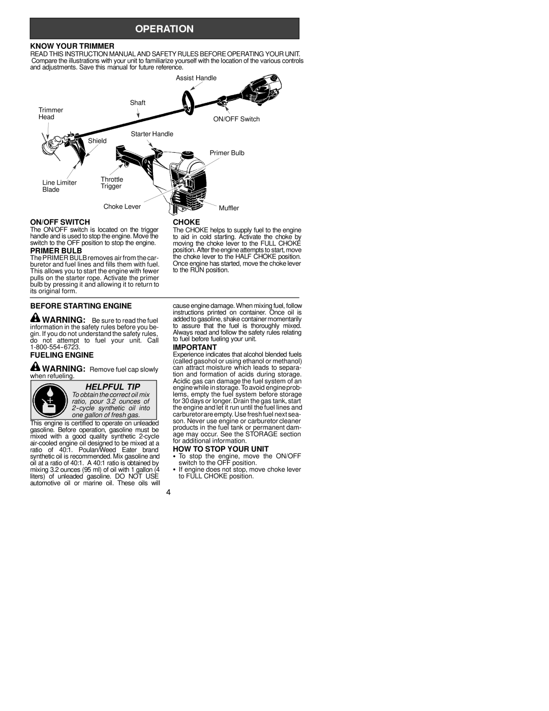 Poulan 530164435 Know Your Trimmer, ON/OFF Switch Choke, Primer Bulb, Before Starting Engine, Fueling Engine 