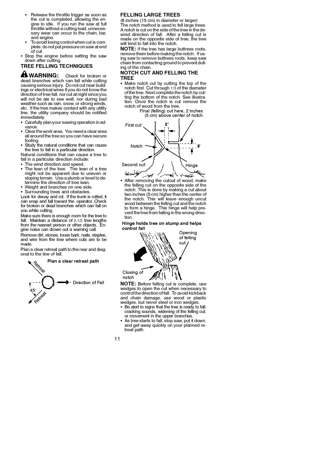 Poulan 530164650 instruction manual Tree Felling Techniques, Felling Large Trees, Notch CUT and Felling the Tree 