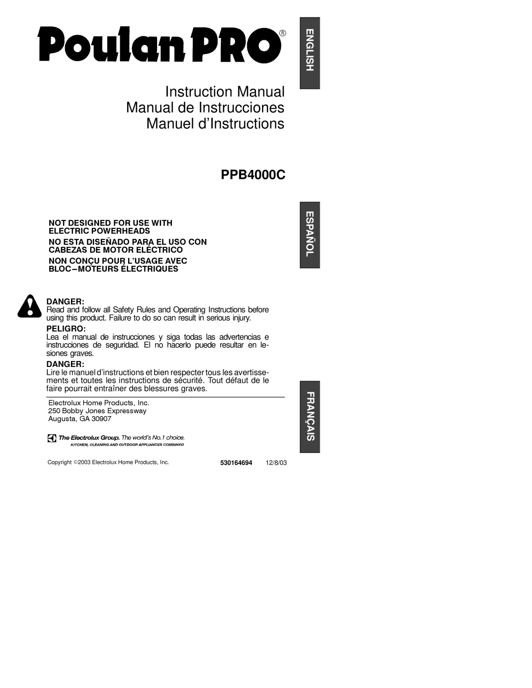 Poulan 530164694 instruction manual 12/8/03 