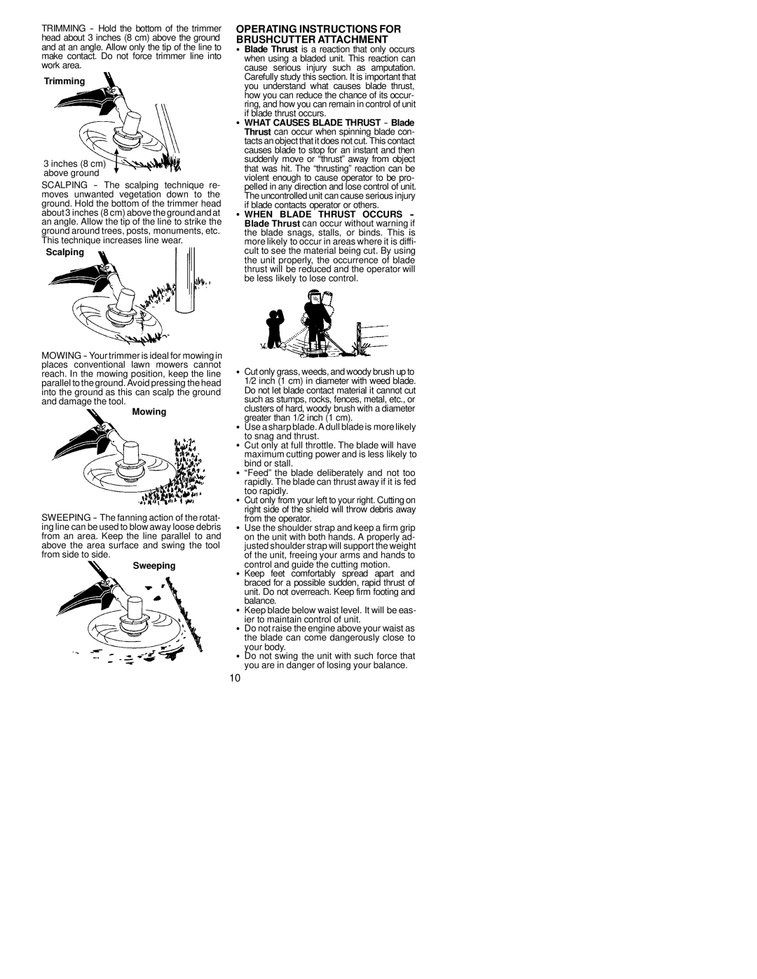 Poulan 530164694 instruction manual Operating Instructions for Brushcutter Attachment, Trimming, Scalping, Mowing, Sweeping 