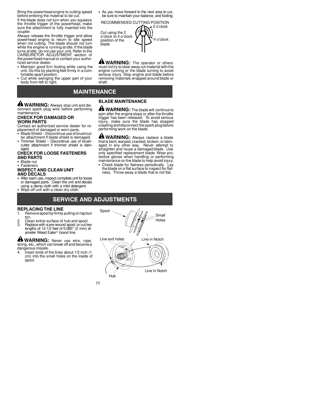 Poulan 530164694 Blade Maintenance, Check for Damaged or, Worn Parts, Check for Loose Fasteners, Inspect and Clean Unit 