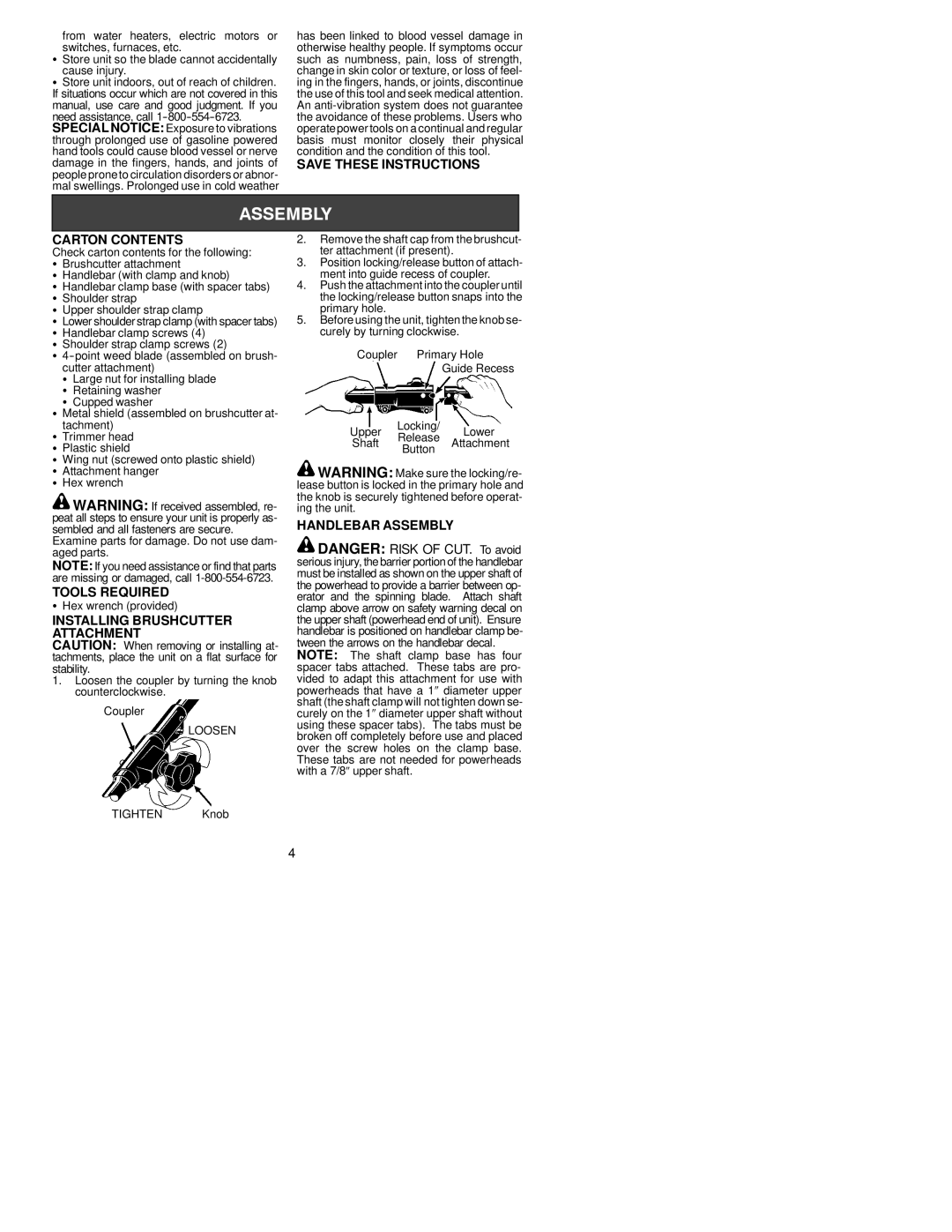 Poulan 530164694 instruction manual Carton Contents, Tools Required, Installing Brushcutter Attachment, Handlebar Assembly 