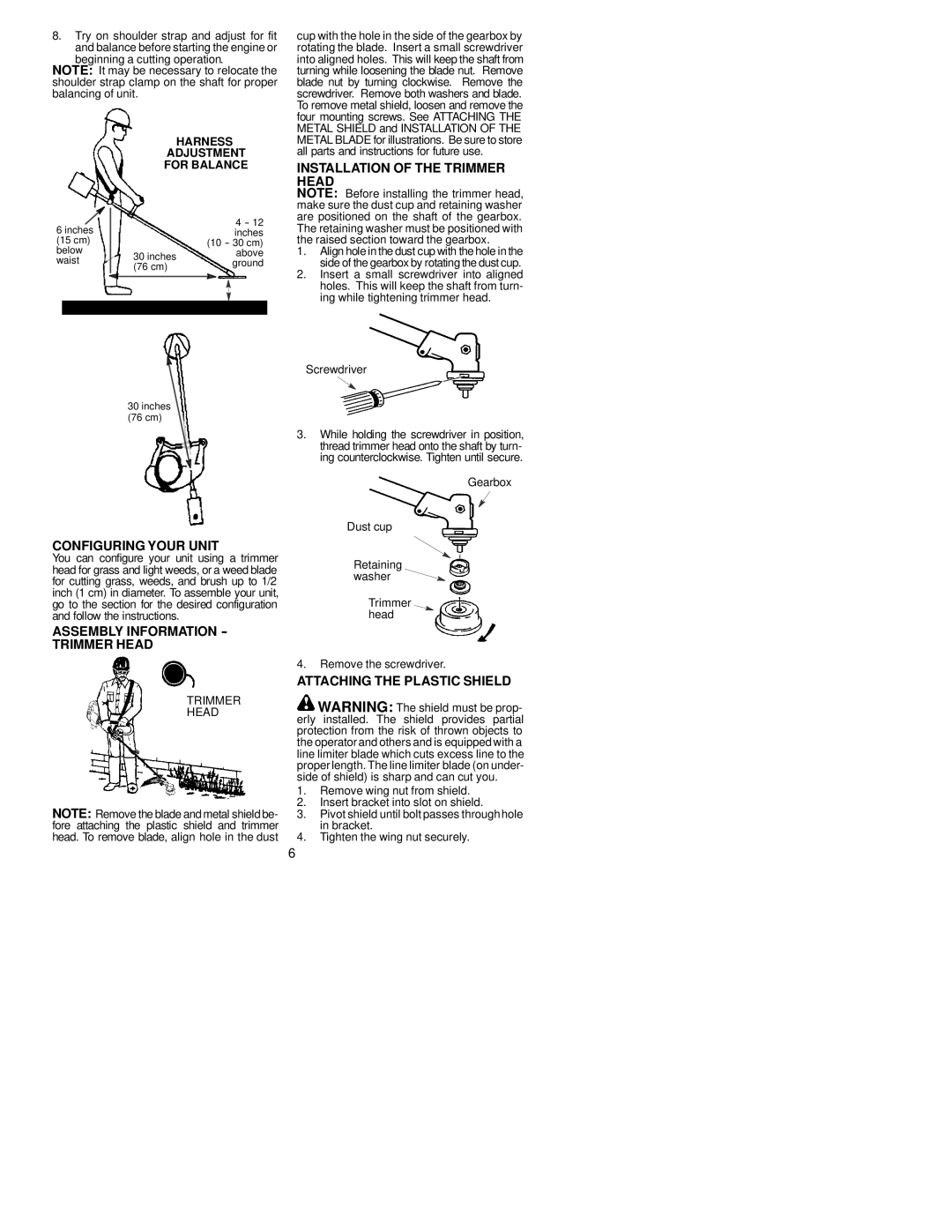 Poulan 530164694 Configuring Your Unit, Assembly Information -- Trimmer Head, Installation of the Trimmer Head 