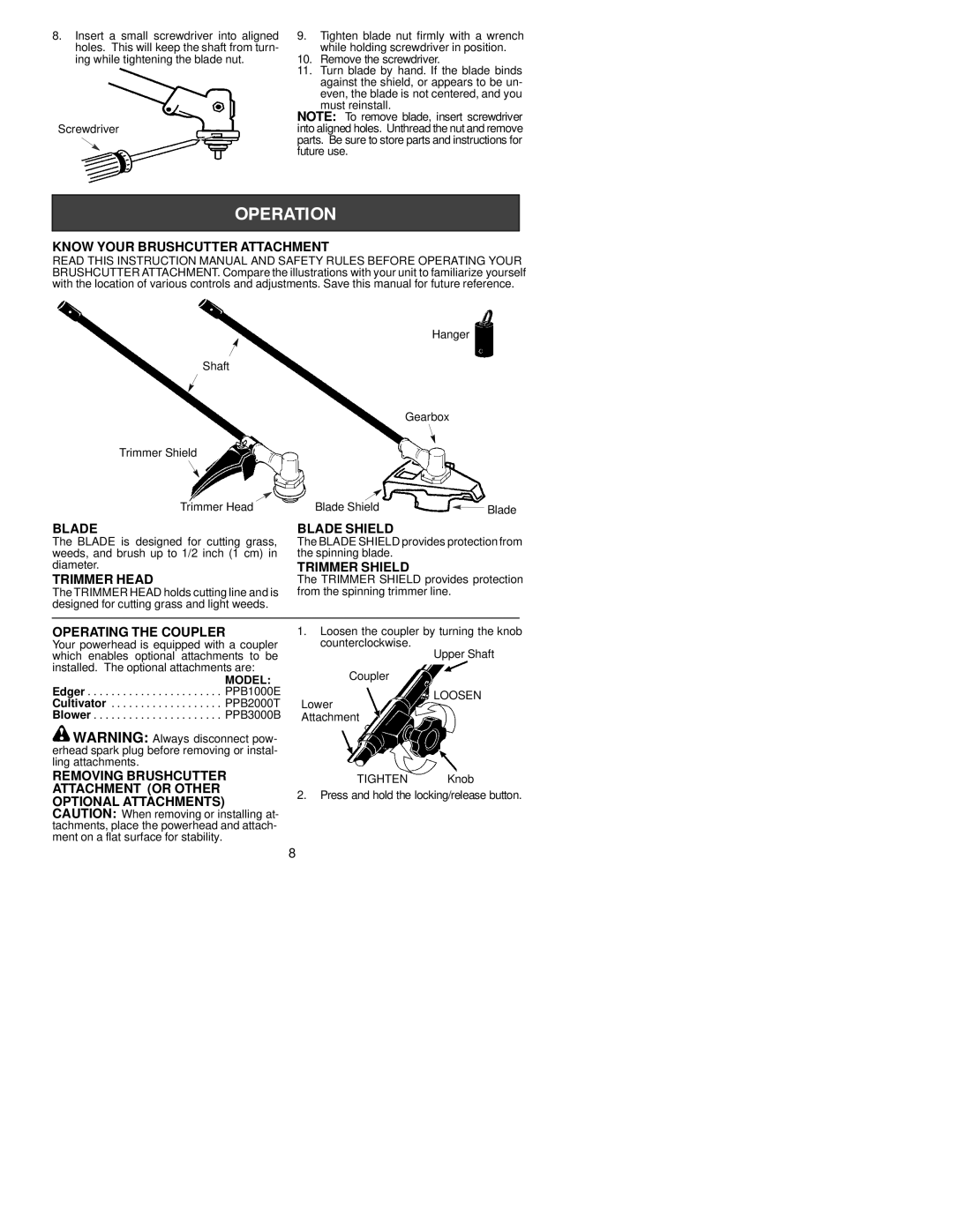 Poulan 530164694 Know Your Brushcutter Attachment, Blade Blade Shield, Trimmer Shield Trimmer Head, Operating the Coupler 