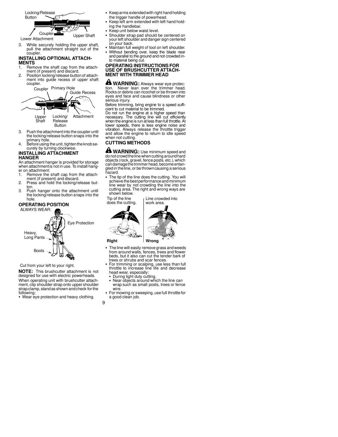 Poulan 530164694 Installing Optional ATTACH- Ments, Installing Attachment Hanger, Operating Position, Cutting Methods 