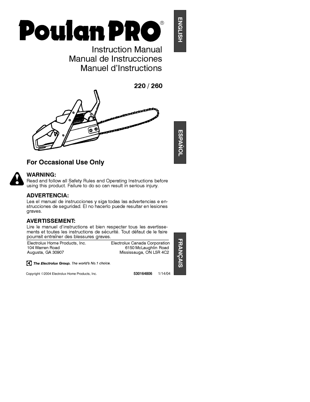 Poulan 2004-01 instruction manual Manual de Instrucciones Manuel d’Instructions, 530164806 1/14/04 