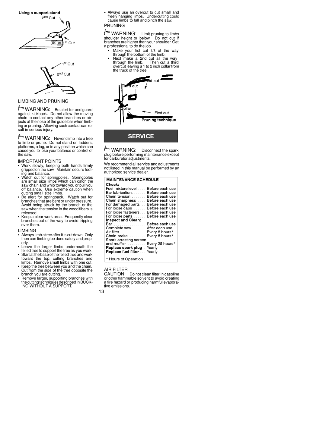 Poulan 2004-01, 530164806 instruction manual Limbing and Pruning Important Points, AIR Filter 