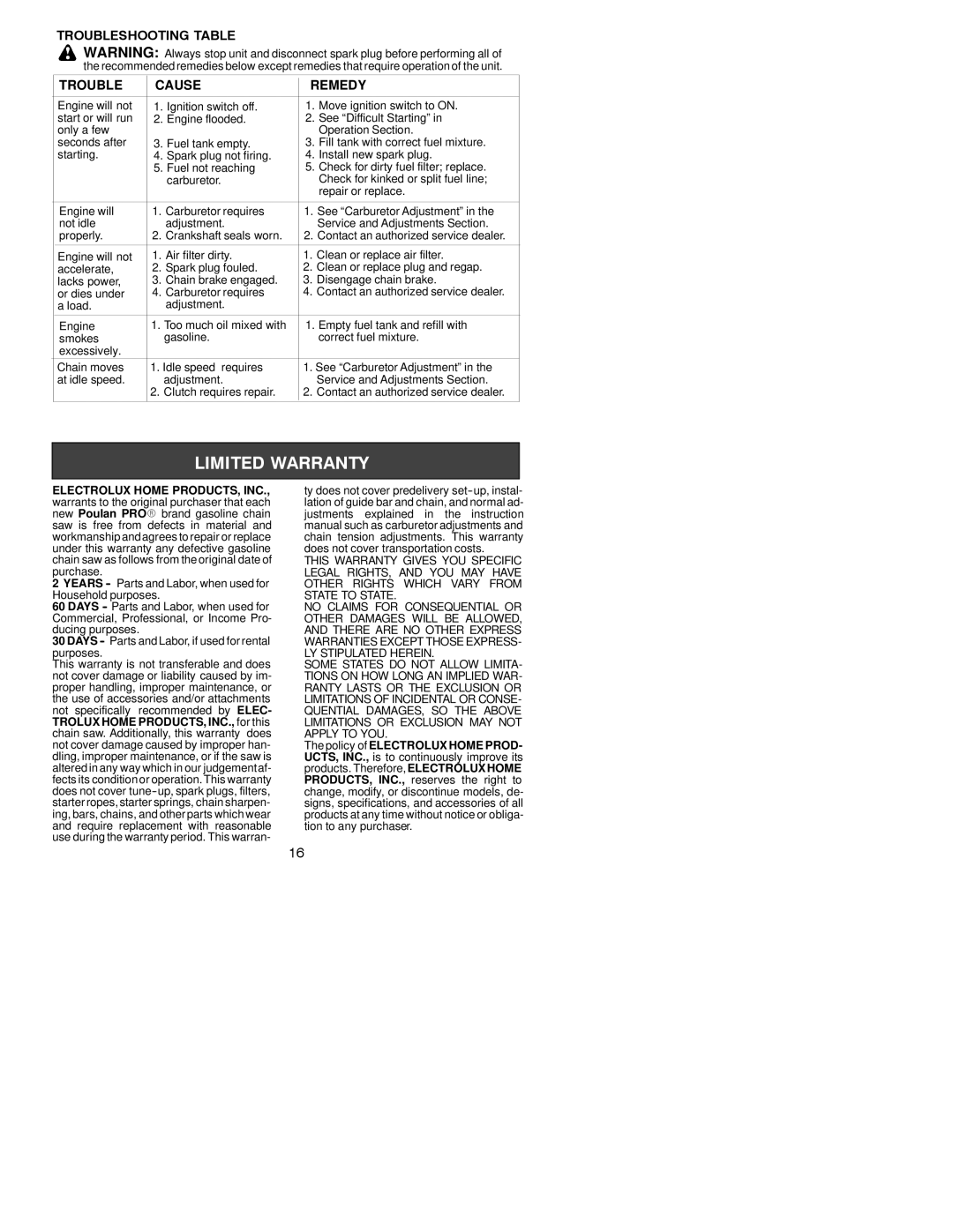 Poulan 530164806, 2004-01 Load Adjustment Engine, Empty fuel tank and refill with, Policy of Electrolux Home Prod 