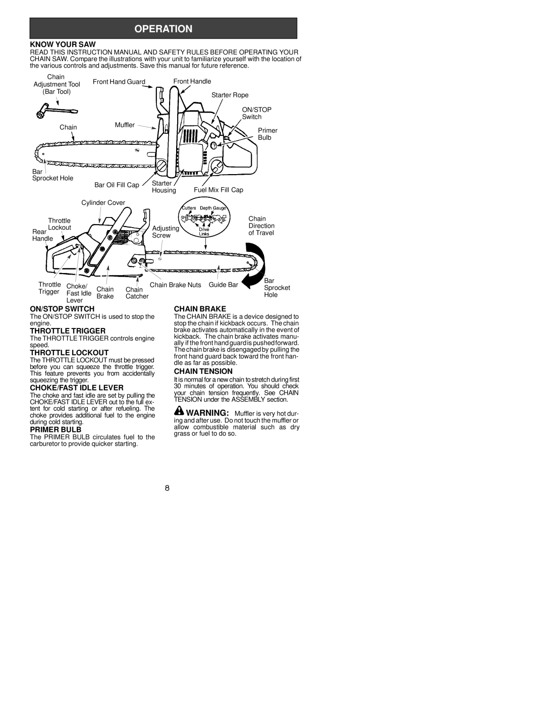 Poulan 530164806 Know Your SAW, ON/STOP Switch, Throttle Trigger, Throttle Lockout, CHOKE/FAST Idle Lever, Primer Bulb 