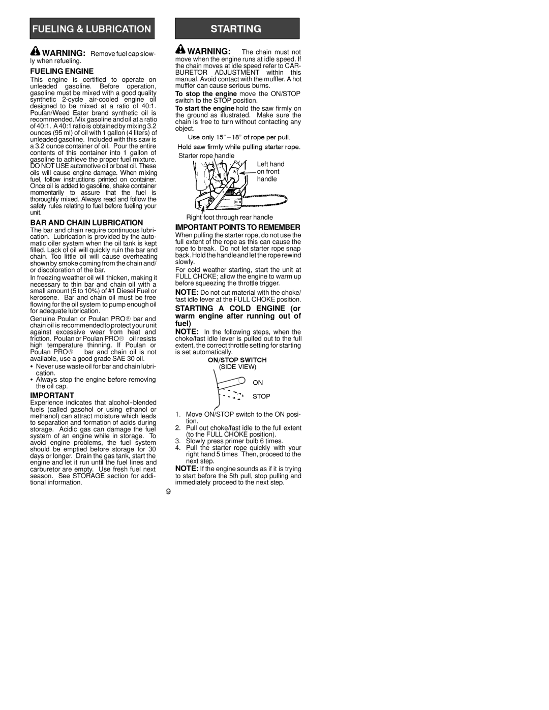 Poulan 2004-01, 530164806 instruction manual Fueling Engine, BAR and Chain Lubrication, Important Points to Remember 