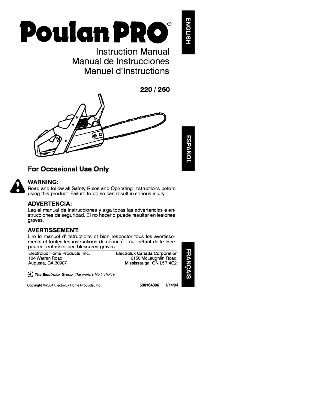 Poulan 2004-01, 530164806 instruction manual Instruction Manual Manual de Instrucciones Manuel d’Instructions, Advertencia 
