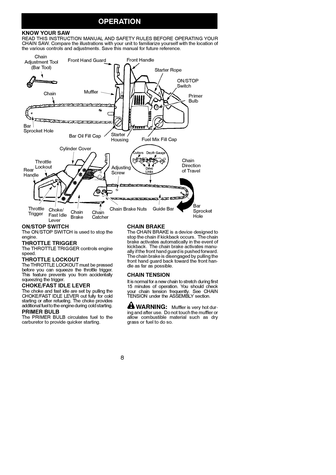 Poulan 530164817 Know Your SAW, ON/STOP Switch, Throttle Trigger, Throttle Lockout, CHOKE/FAST Idle Lever, Primer Bulb 