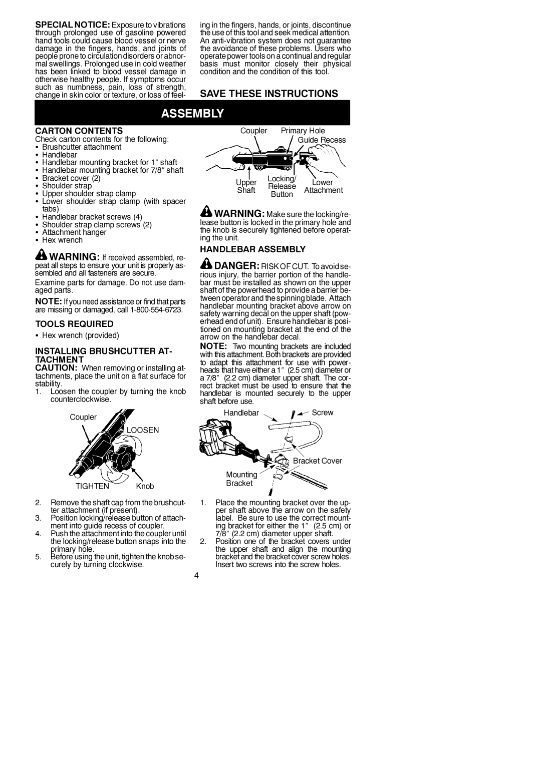 Poulan 530164830 Carton Contents, Tools Required, Installing Brushcutter AT- Tachment, Handlebar Assembly 