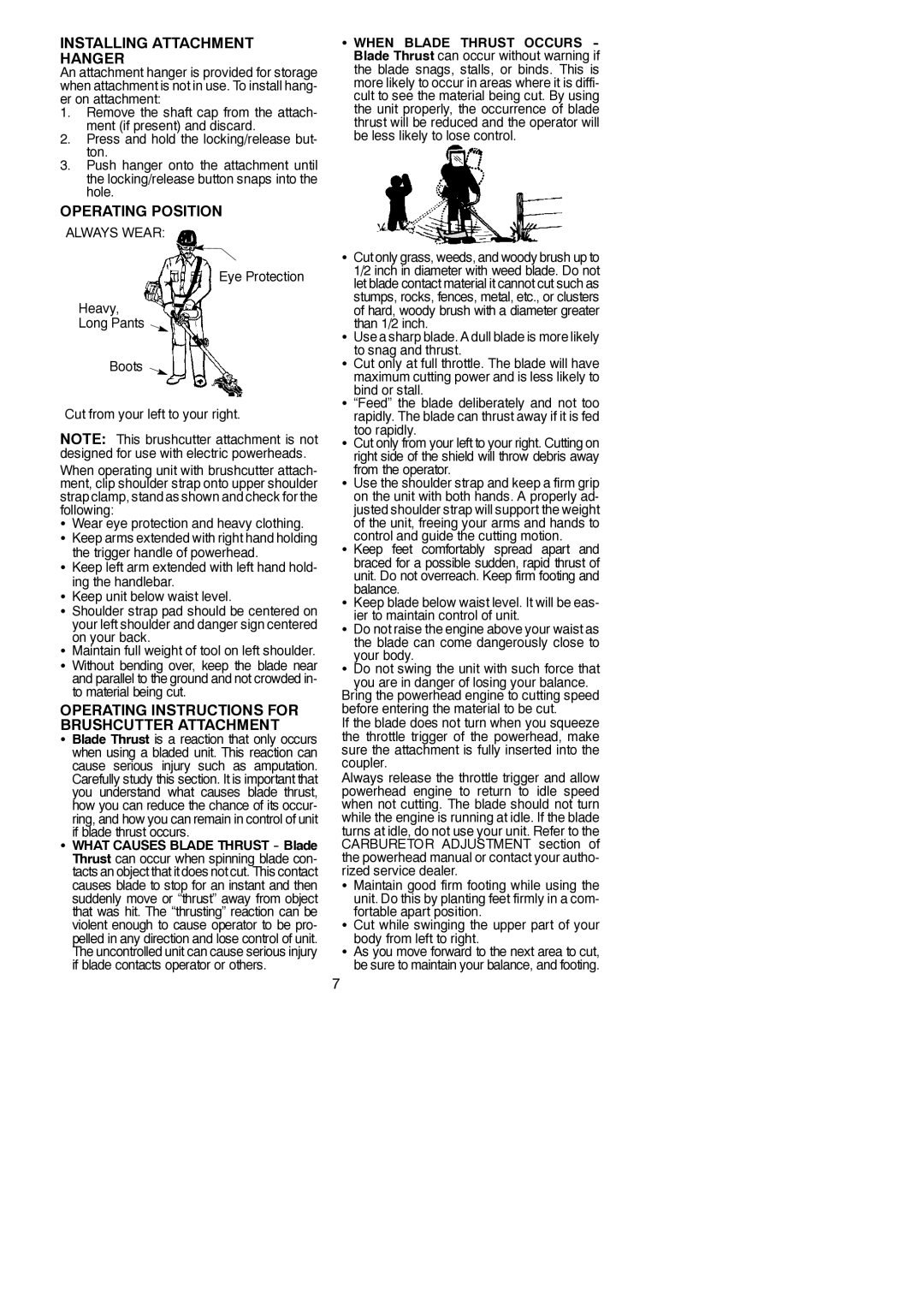 Poulan 530164830 Installing Attachment Hanger, Operating Position, Operating Instructions for Brushcutter Attachment 