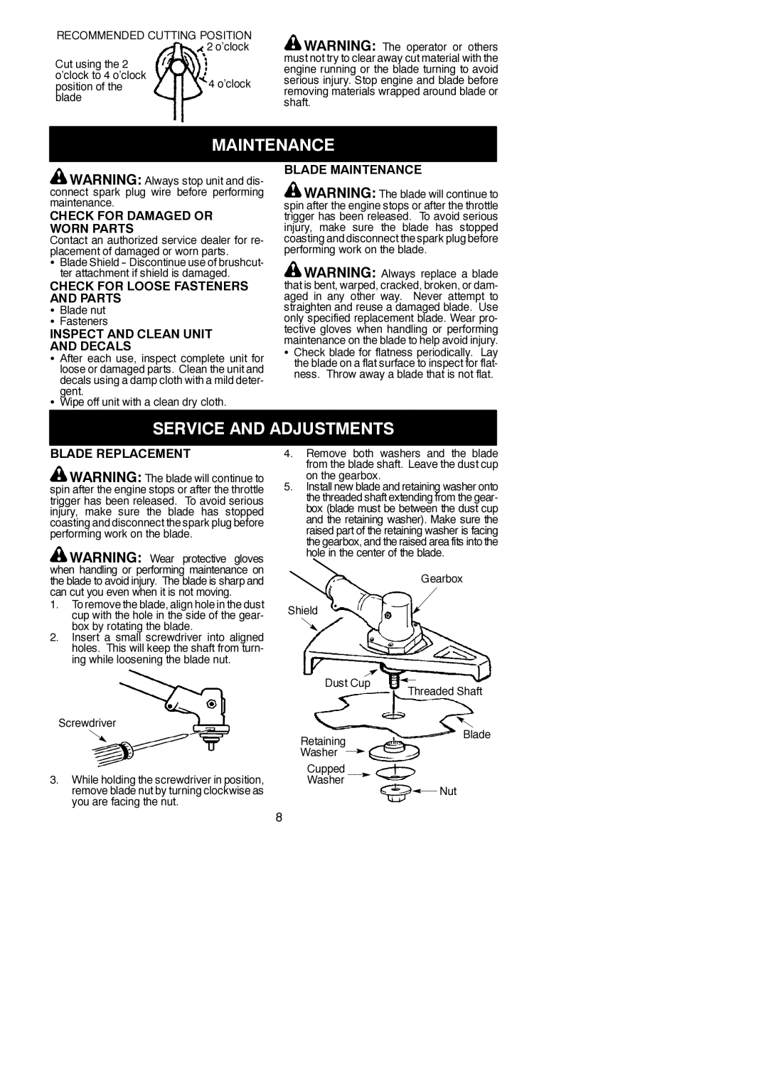 Poulan 530164830 instruction manual Maintenance, Service and Adjustments 