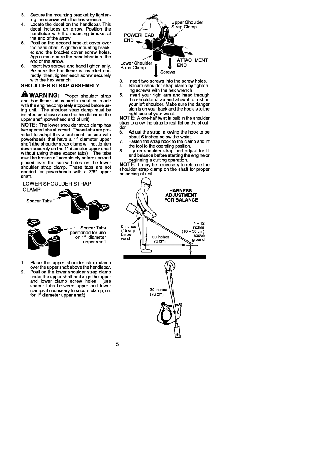 Poulan 530164830 instruction manual Shoulder Strap Assembly, Lower Shoulder Strap Clamp, Harness Adjustment For Balance 
