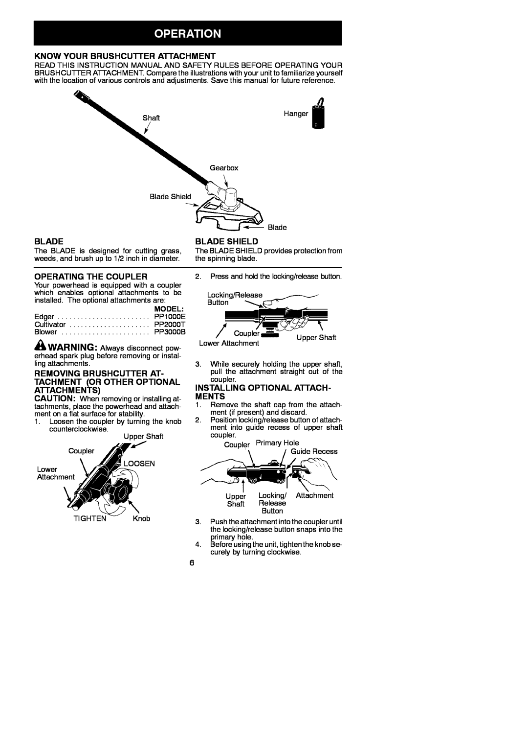 Poulan 530164830 Operation, Know Your Brushcutter Attachment, Blade Shield, Operating The Coupler, Attachments, Ments 