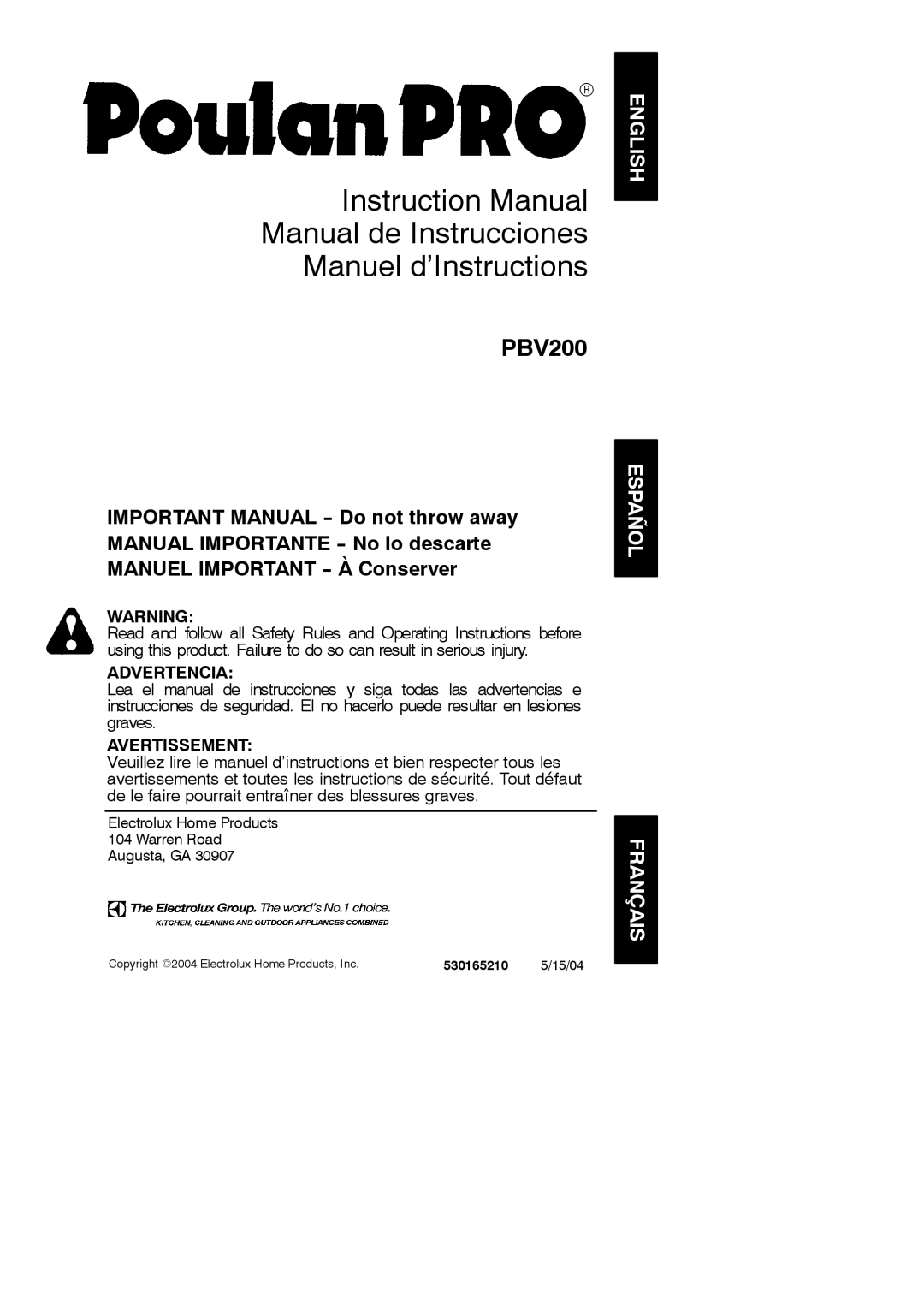 Poulan 530165210 instruction manual PBV200, 15/04 