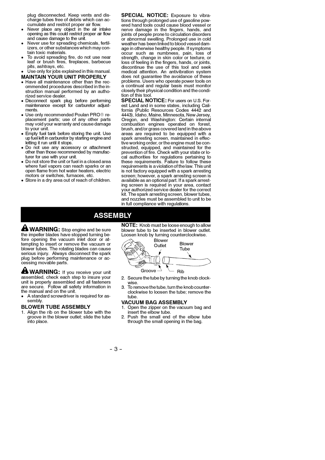 Poulan 530165210 instruction manual Maintain Your Unit Properly, Blower Tube Assembly, Vacuum BAG Assembly 