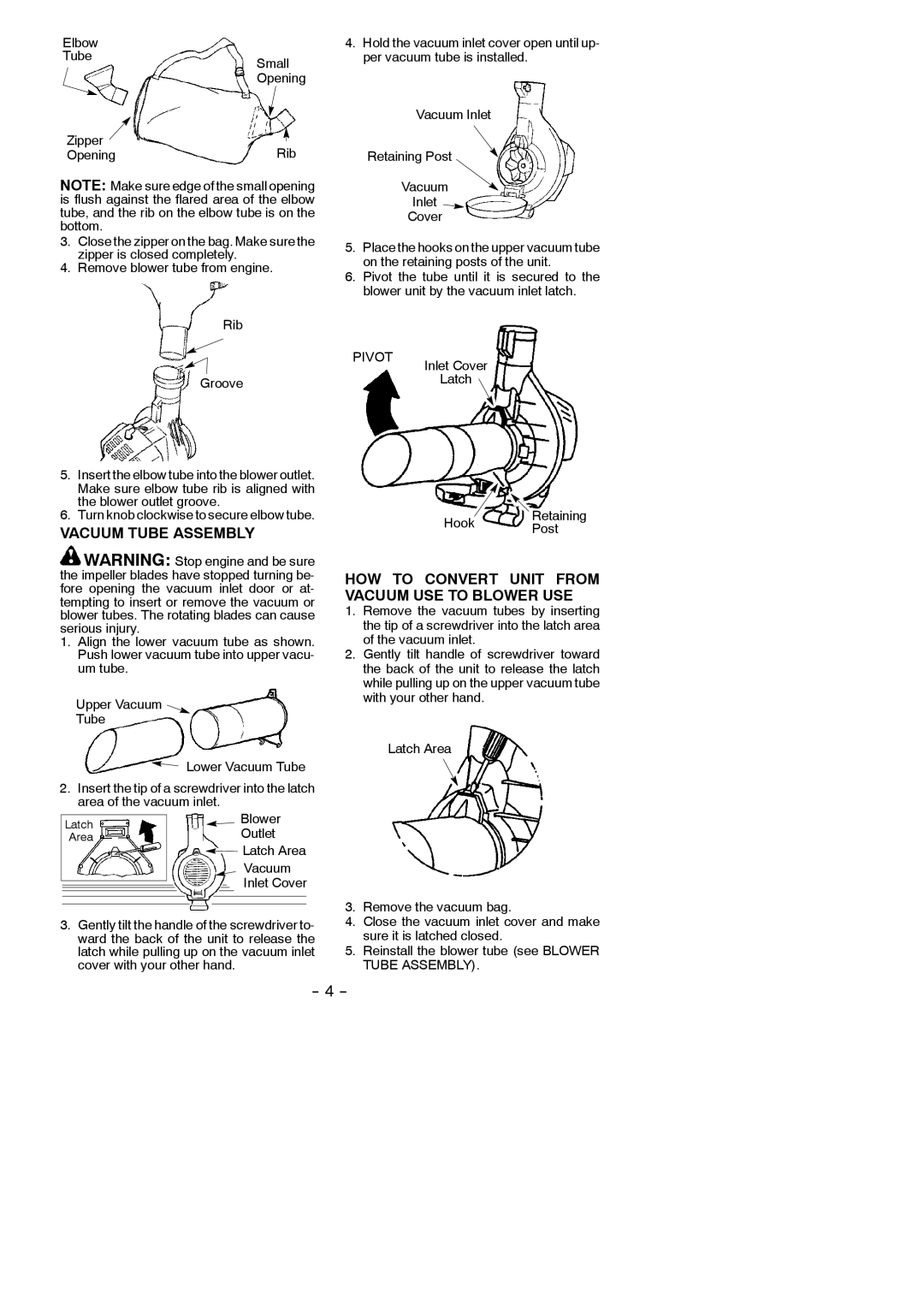 Poulan 530165210 instruction manual Vacuum Tube Assembly, HOW to Convert Unit from Vacuum USE to Blower USE 