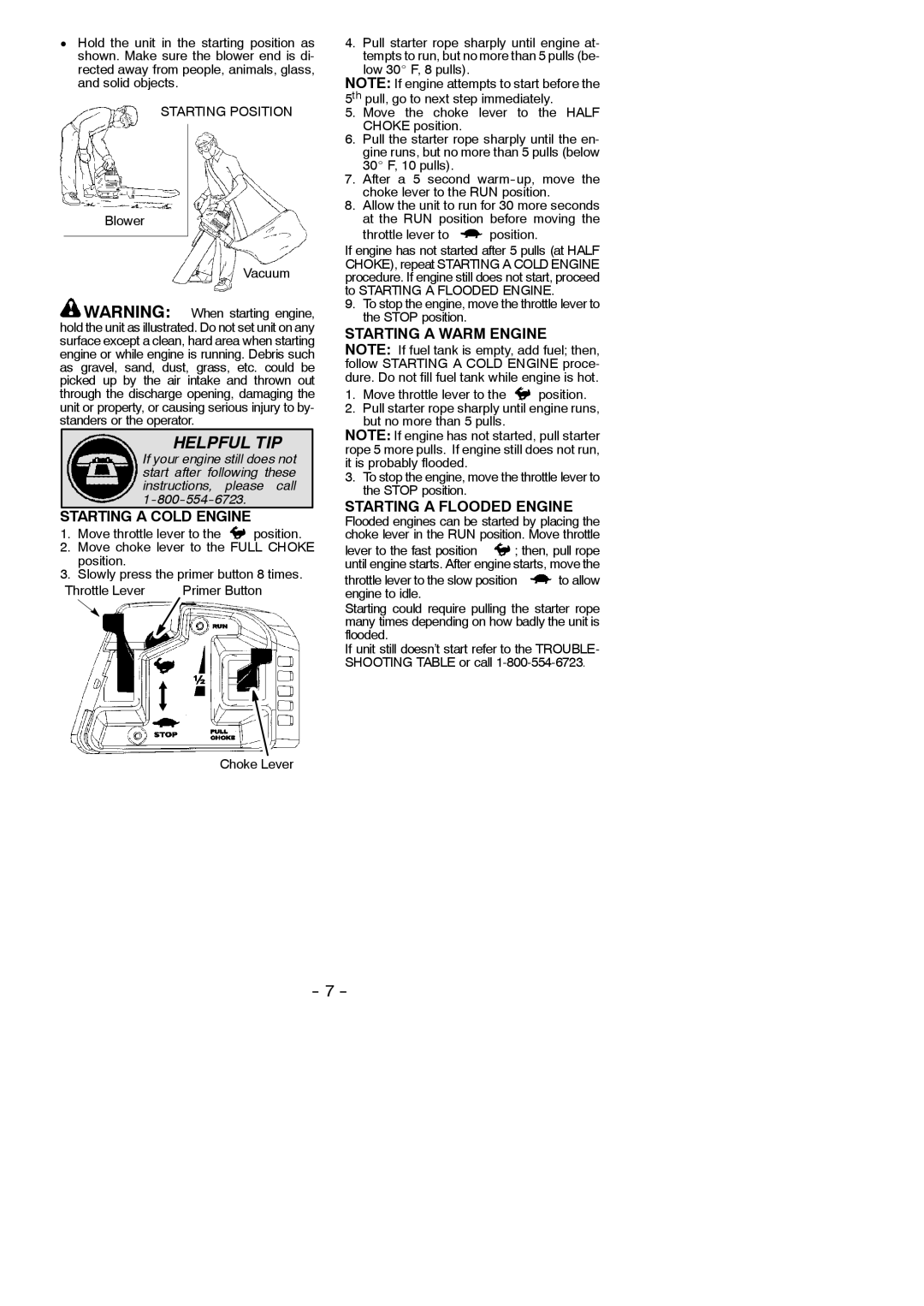 Poulan 530165210 Starting a Cold Engine, Starting a Flooded Engine, Blower Vacuum, Throttle lever to position 