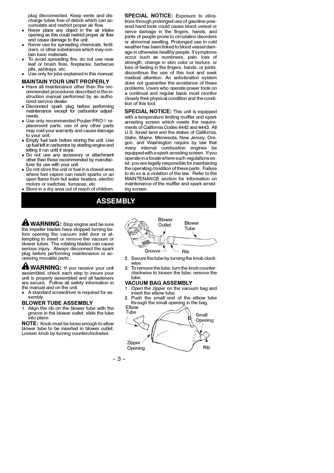 Poulan 530165213 instruction manual Maintain Your Unit Properly, Blower Tube Assembly, Vacuum BAG Assembly 