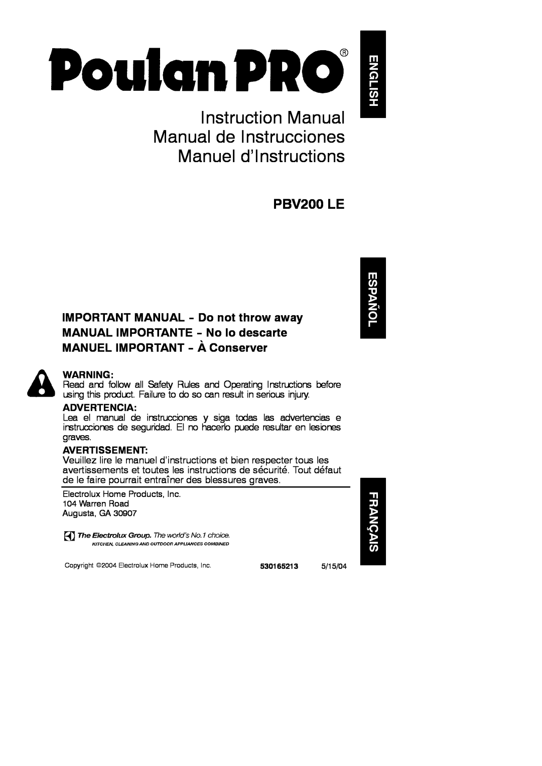 Poulan 530165213 instruction manual PBV200 LE, English, Español Français, Advertencia, Avertissement 