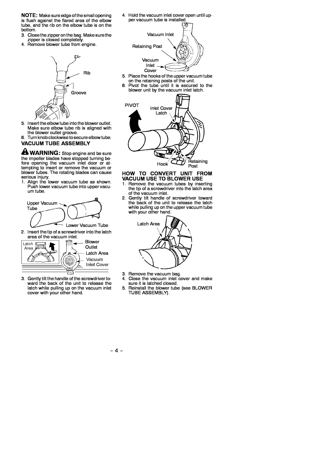 Poulan 530165213 instruction manual Vacuum Tube Assembly, How To Convert Unit From Vacuum Use To Blower Use 