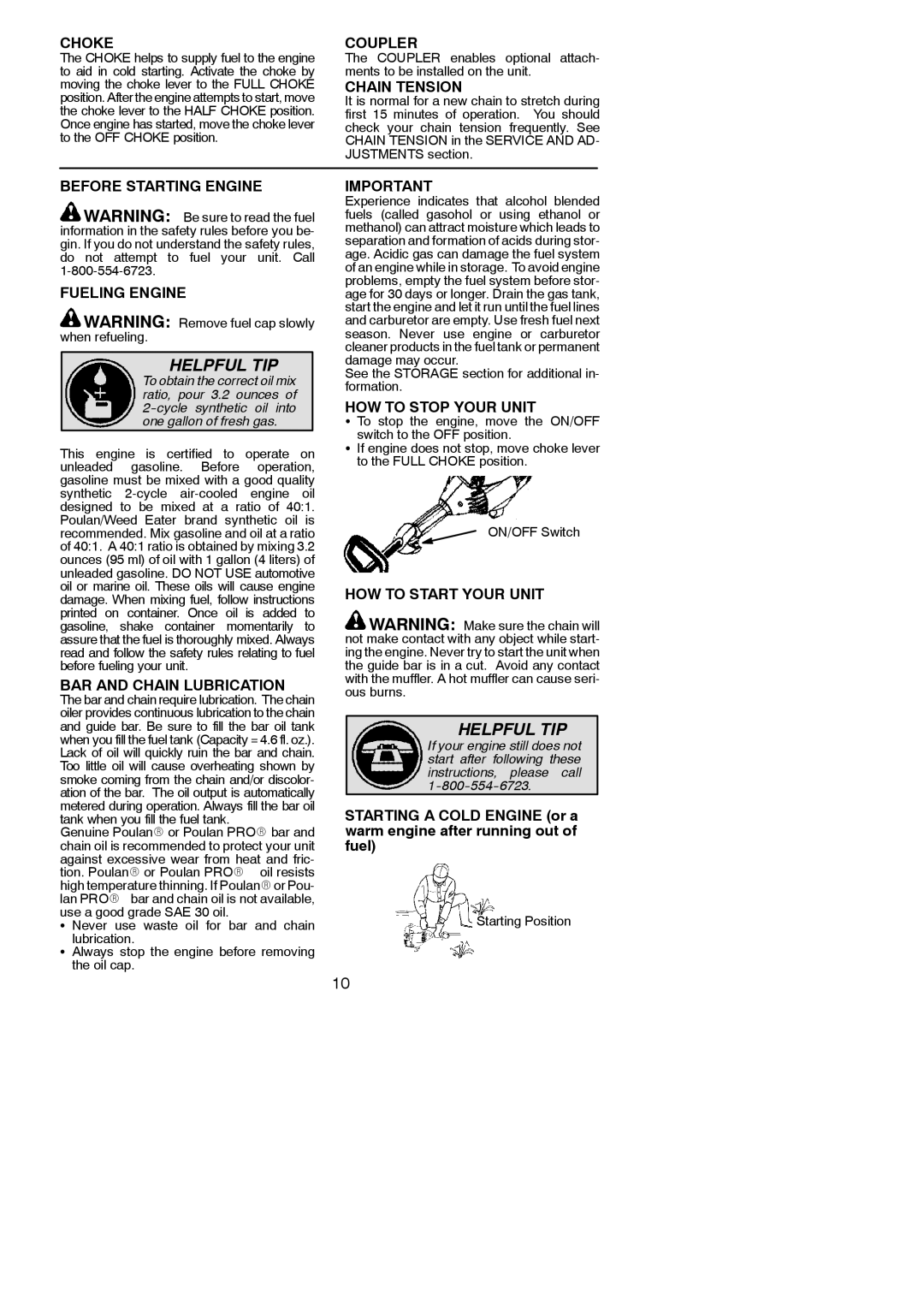 Poulan 530165221 Choke, Coupler, Chain Tension, Before Starting Engine Fueling Engine, BAR and Chain Lubrication 