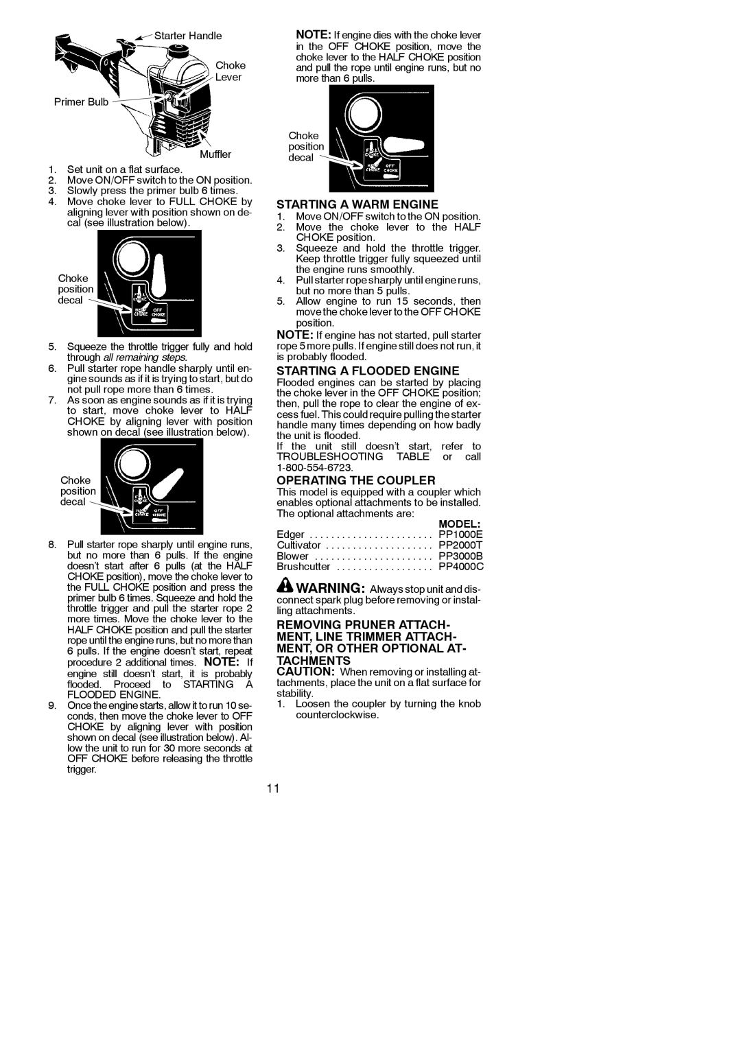 Poulan 530165221 instruction manual Starting a Warm Engine, Starting a Flooded Engine, Operating the Coupler 