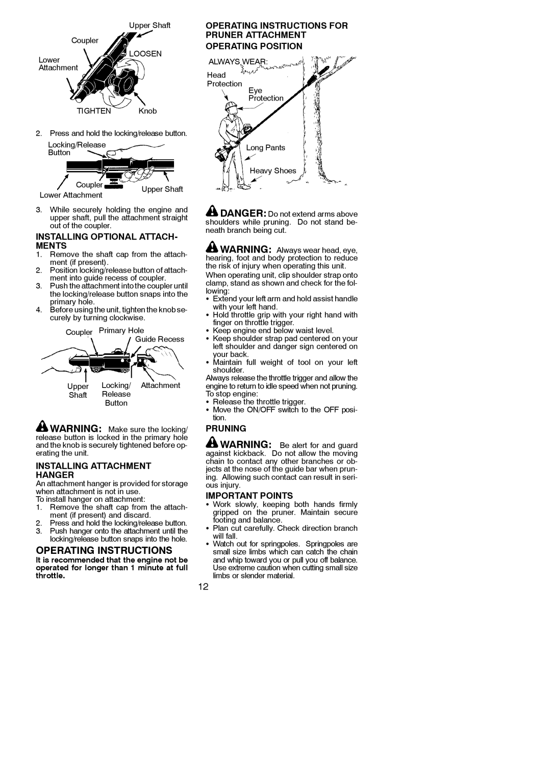 Poulan 530165221 Installing Optional ATTACH- Ments, Installing Attachment Hanger, Pruning Important Points 