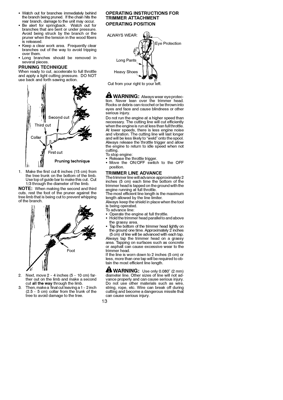 Poulan 530165221 instruction manual Pruning Technique, Trimmer Line Advance, Foot 