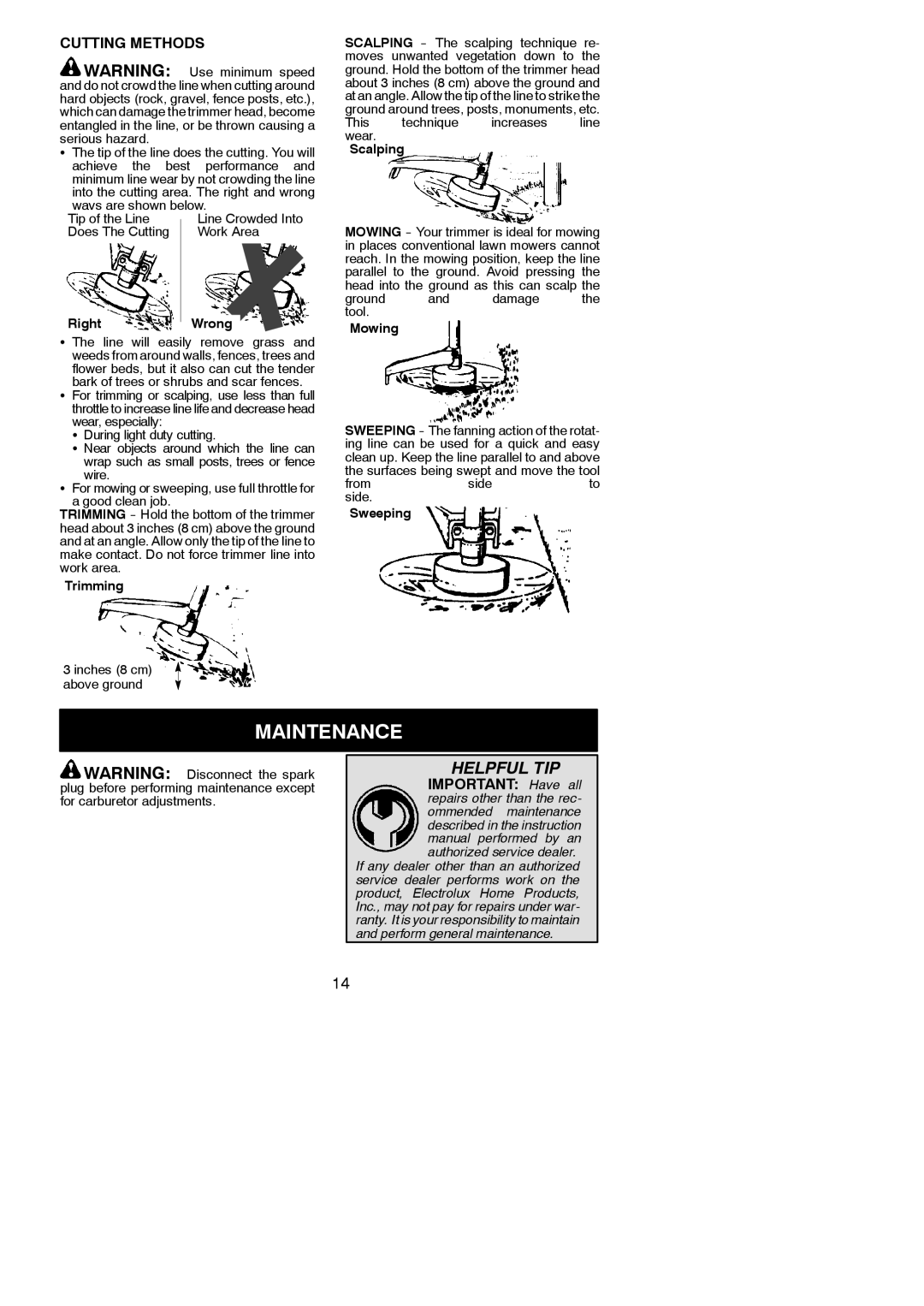 Poulan 530165221 instruction manual Maintenance, Cutting Methods 