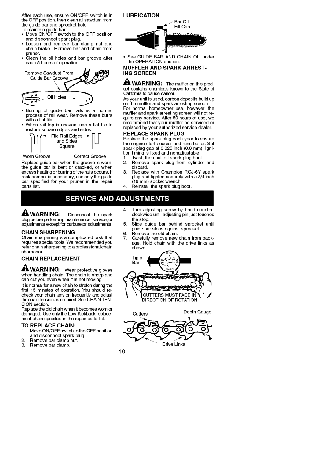 Poulan 530165221 instruction manual Service and Adjustments 