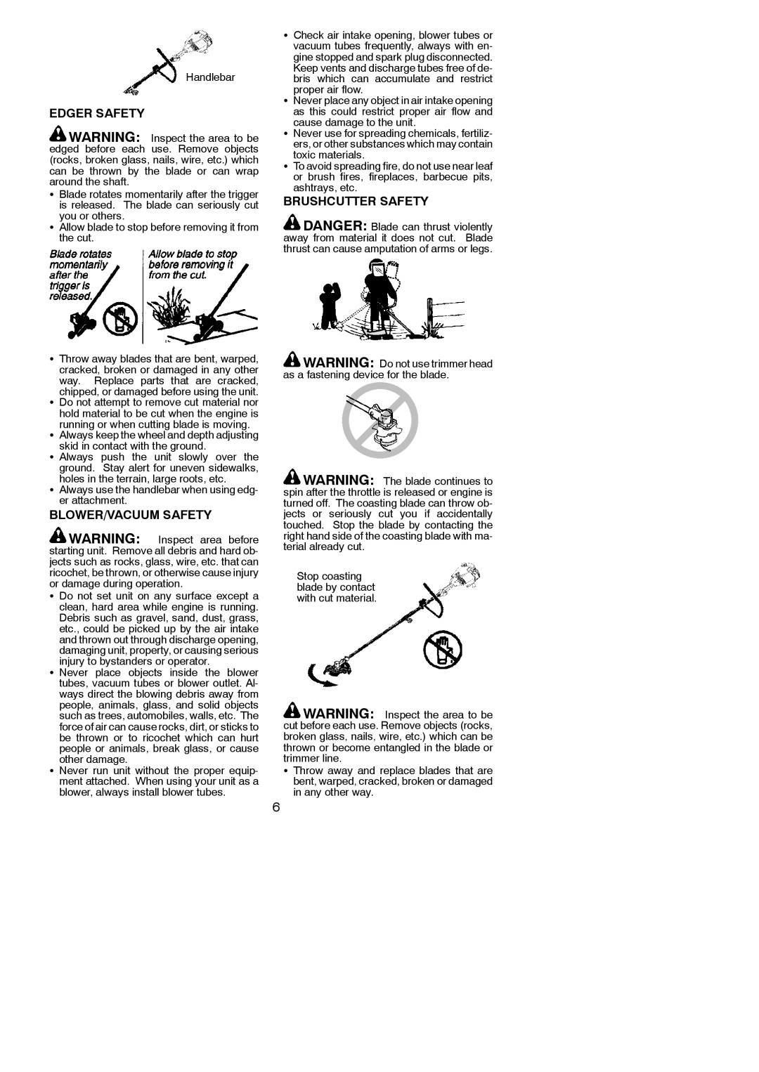 Poulan 530165221 instruction manual Edger Safety, BLOWER/VACUUM Safety, Brushcutter Safety, Handlebar 