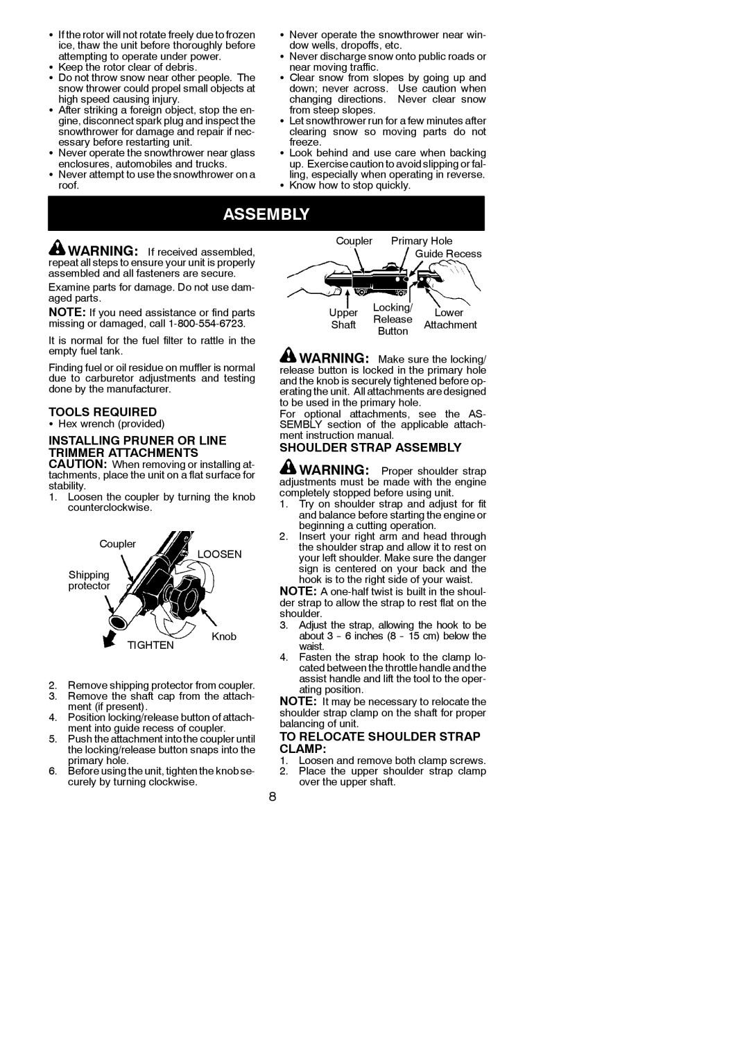 Poulan 530165221 instruction manual Tools Required, Shoulder Strap Assembly, To Relocate Shoulder Strap Clamp 