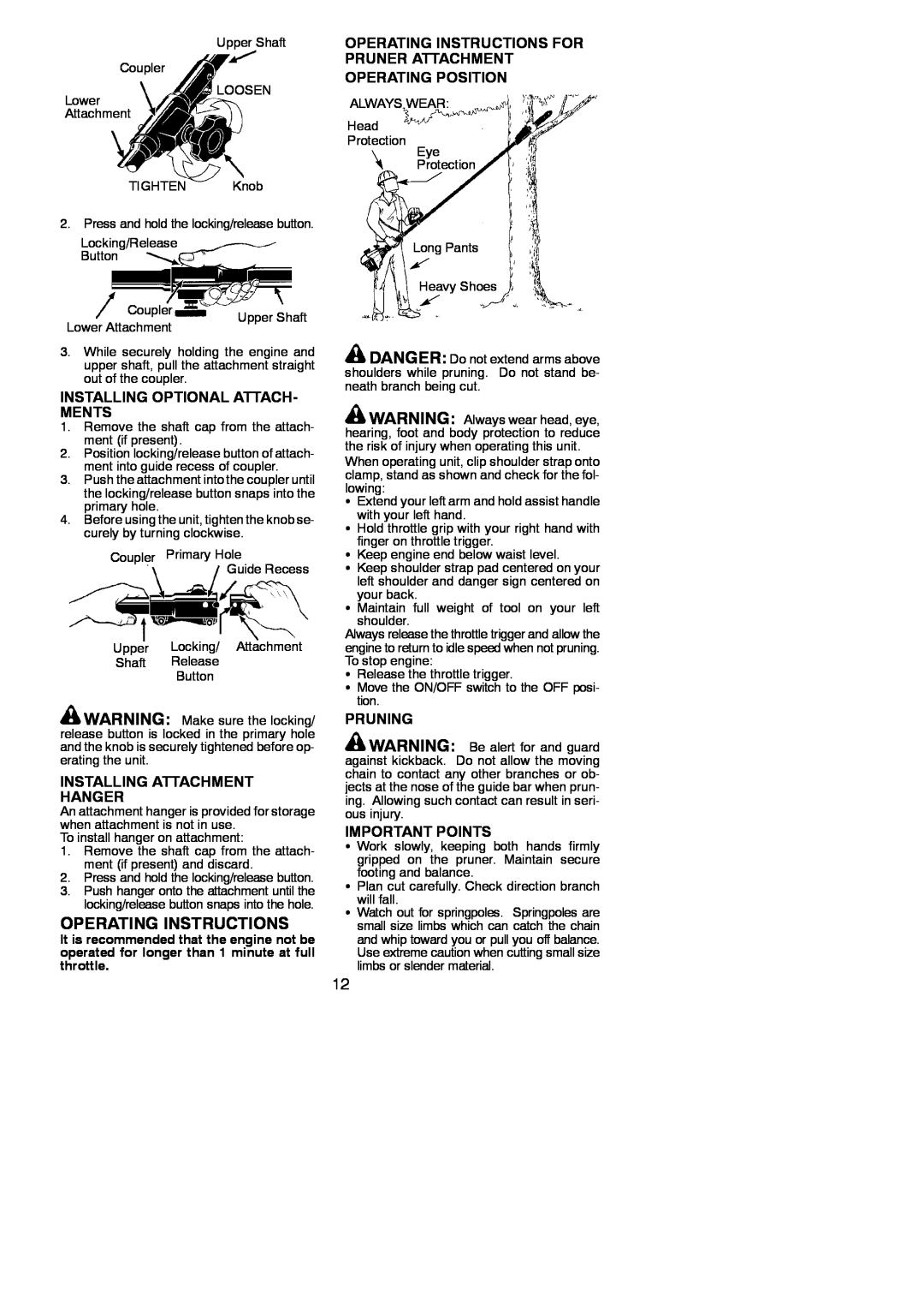 Poulan 530165221 Operating Instructions For Pruner Attachment Operating Position, Installing Optional Attach- Ments 