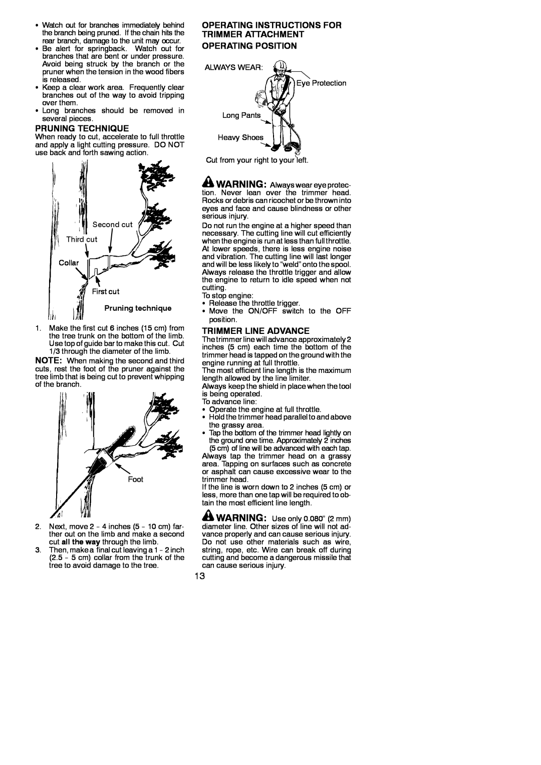Poulan 530165221 Pruning Technique, Operating Instructions For Trimmer Attachment Operating Position, Trimmer Line Advance 