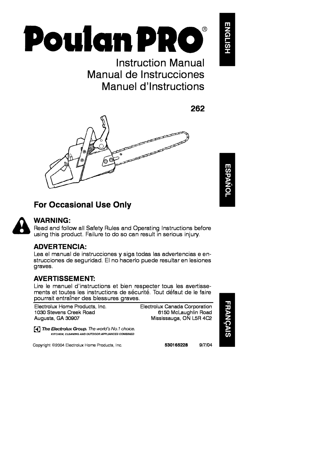 Poulan 530165228 instruction manual English Español Français, Manuel d’Instructions, For Occasional Use Only, Advertencia 
