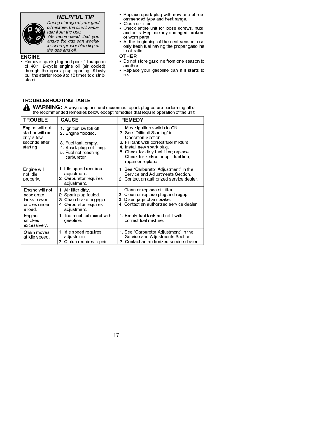 Poulan 530165293-01 instruction manual Other, Load Adjustment Engine, Empty fuel tank and refill with 