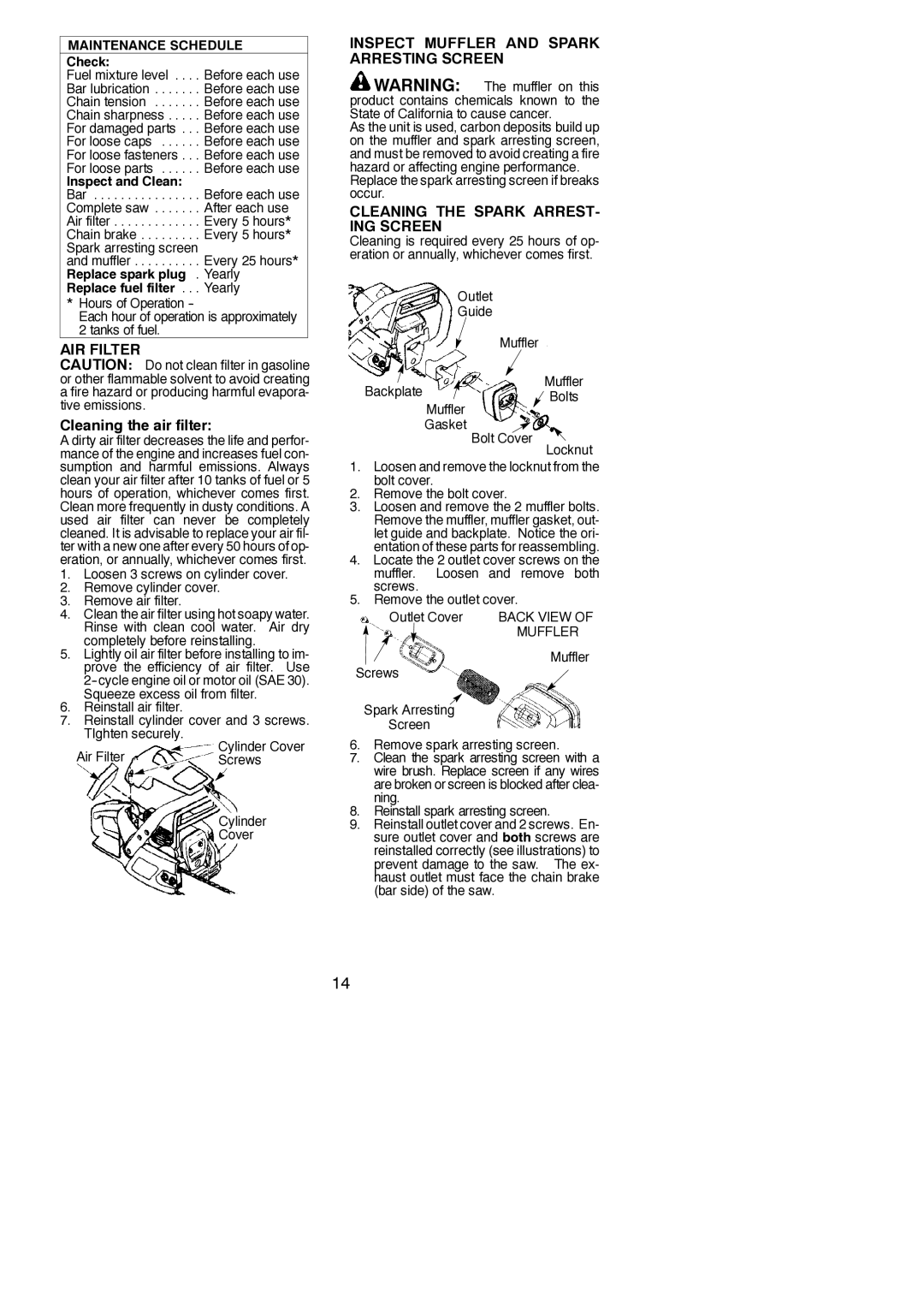 Poulan 530165320-01 instruction manual AIR Filter, Cleaning the air filter, Inspect Muffler and Spark Arresting Screen 