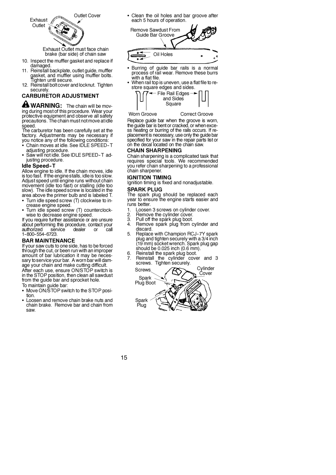 Poulan 530165320-01 Carburetor Adjustment, BAR Maintenance, Chain Sharpening, Ignition Timing, Spark Plug 