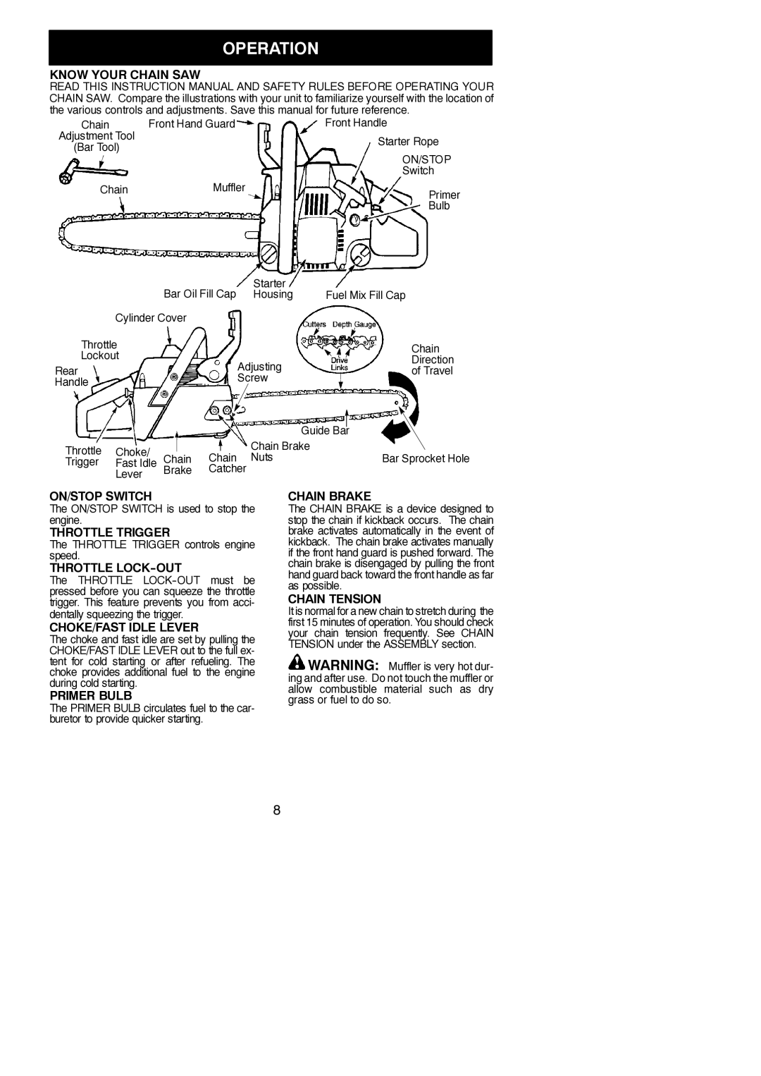 Poulan 530165320-01 Know Your Chain SAW, ON/STOP Switch, Throttle Trigger, Throttle LOCK-OUT, CHOKE/FAST Idle Lever 